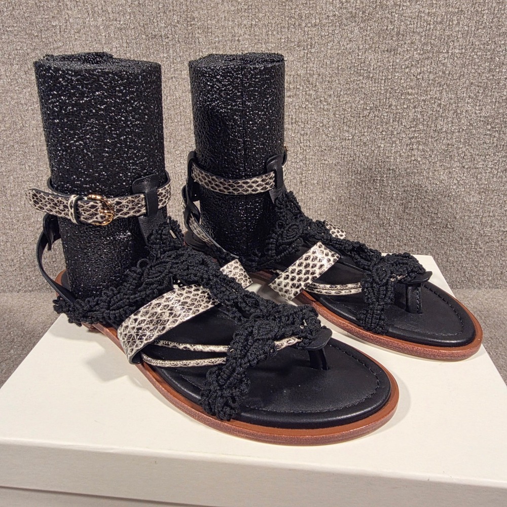 Ulla Johnson Black Macrame Snakeskin Leather Gladiator Sandals 38.5 NIB - Picture 2 of 6